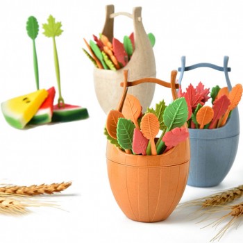 17pcs Eco-friendly Biodegradable Leaves Fruit Forks with Barrel Holder Salad Fruit Picks Cocktail Sticks Kitchen Accessories