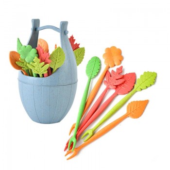 17pcs Eco-friendly Biodegradable Leaves Fruit Forks with Barrel Holder Salad Fruit Picks Cocktail Sticks Kitchen Accessories