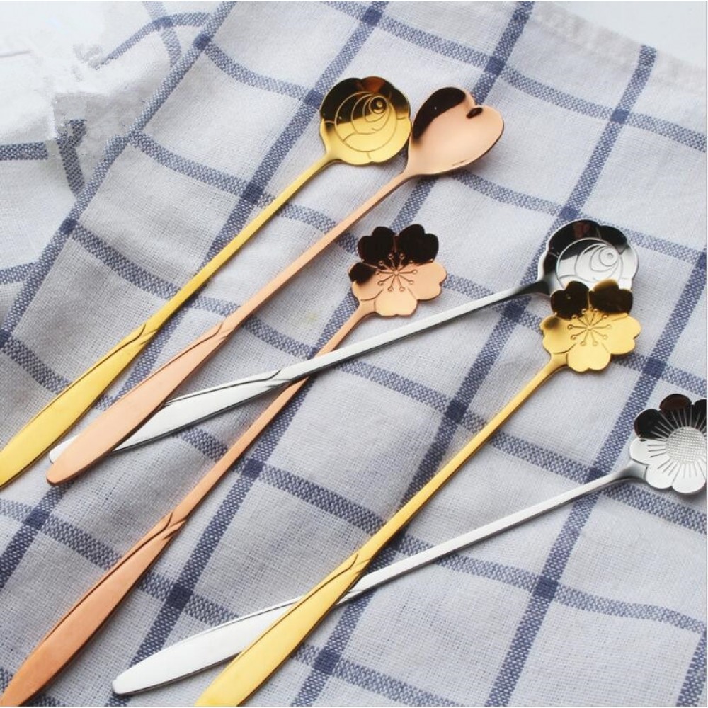 4pcs/set Long Handle Stainless Steel Flowers Shaped Stirring Spoon Flatware Ice Cream Tea Dessert Spoon Kitchen Accessories