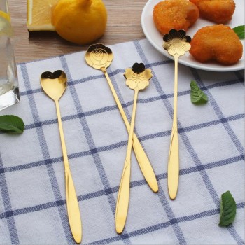 4pcs/set Long Handle Stainless Steel Flowers Shaped Stirring Spoon Flatware Ice Cream Tea Dessert Spoon Kitchen Accessories