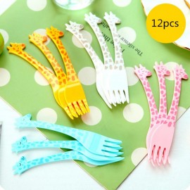 12pcs/bag   Cartoon Plastic Giraffe Tableware Food Fruit Fork Picks Set Vegetable Snack Dessert Forks Holder For Party