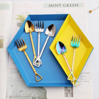 2 Pcs Kitchen Stainless Steel Dessert Shovel Spoon and Fork Picnic Travel Creative Cute Design Ice Cream Spoon Fruit Fork Set