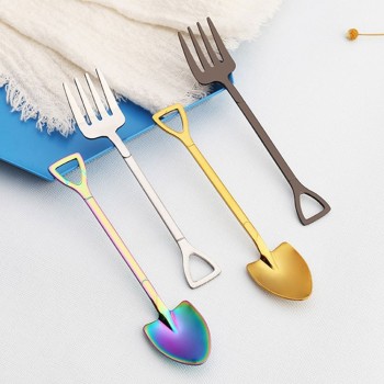 2 Pcs Kitchen Stainless Steel Dessert Shovel Spoon and Fork Picnic Travel Creative Cute Design Ice Cream Spoon Fruit Fork Set