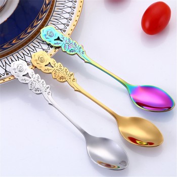 Stainless Steel With Long Handle Ice Spoon Coffee Spoon Tea Stainless Flower Spoon Coffee Tea Spork Flatware Dessert Salad Tool