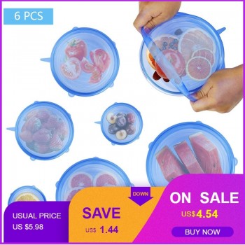 6 Pcs Silicone Stretch Lids Reusable Airtight Food Wrap Covers Keeping Fresh Seal Bowl Stretchy Wrap Cover Kitchen Cookware
