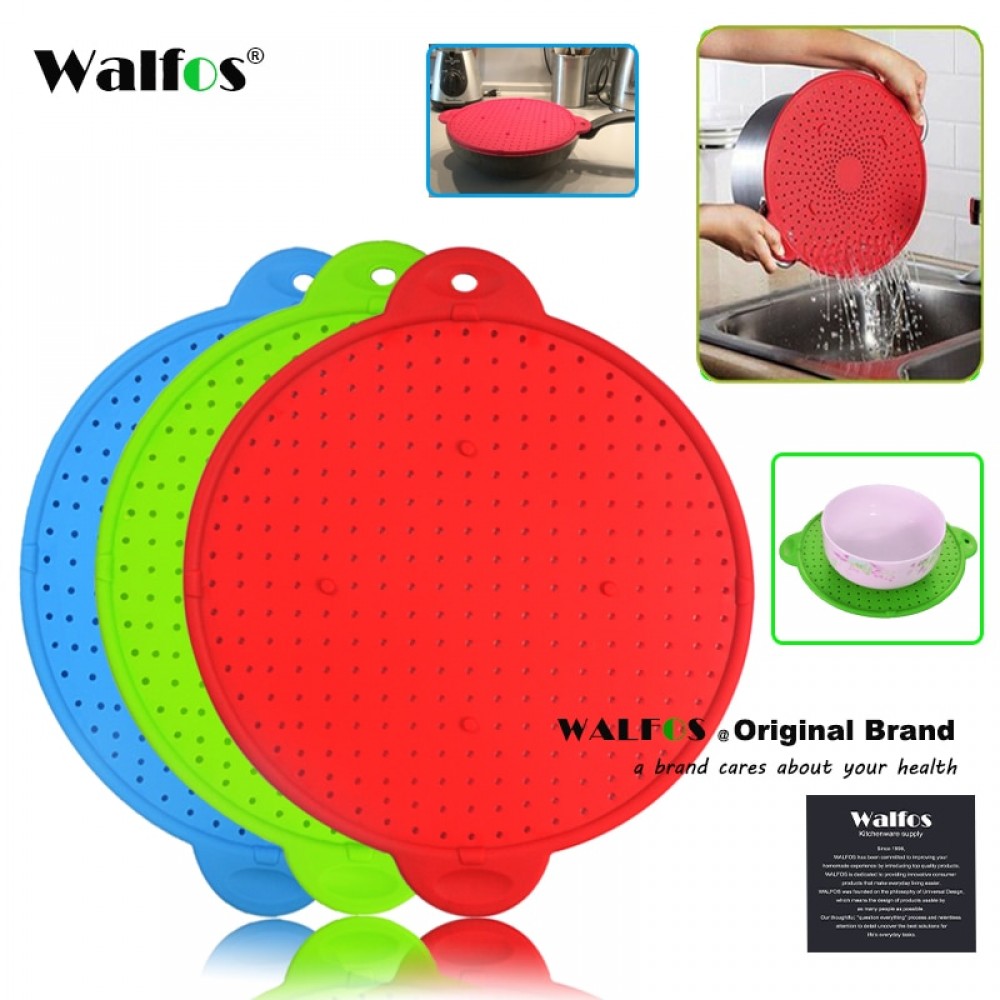 WALFOS 3 in 1 Splatter Screen Splatter Guard Kitchen Strainer Trivet pot lid pan cover Silicone Lid Spill Stopper Wash Strainer