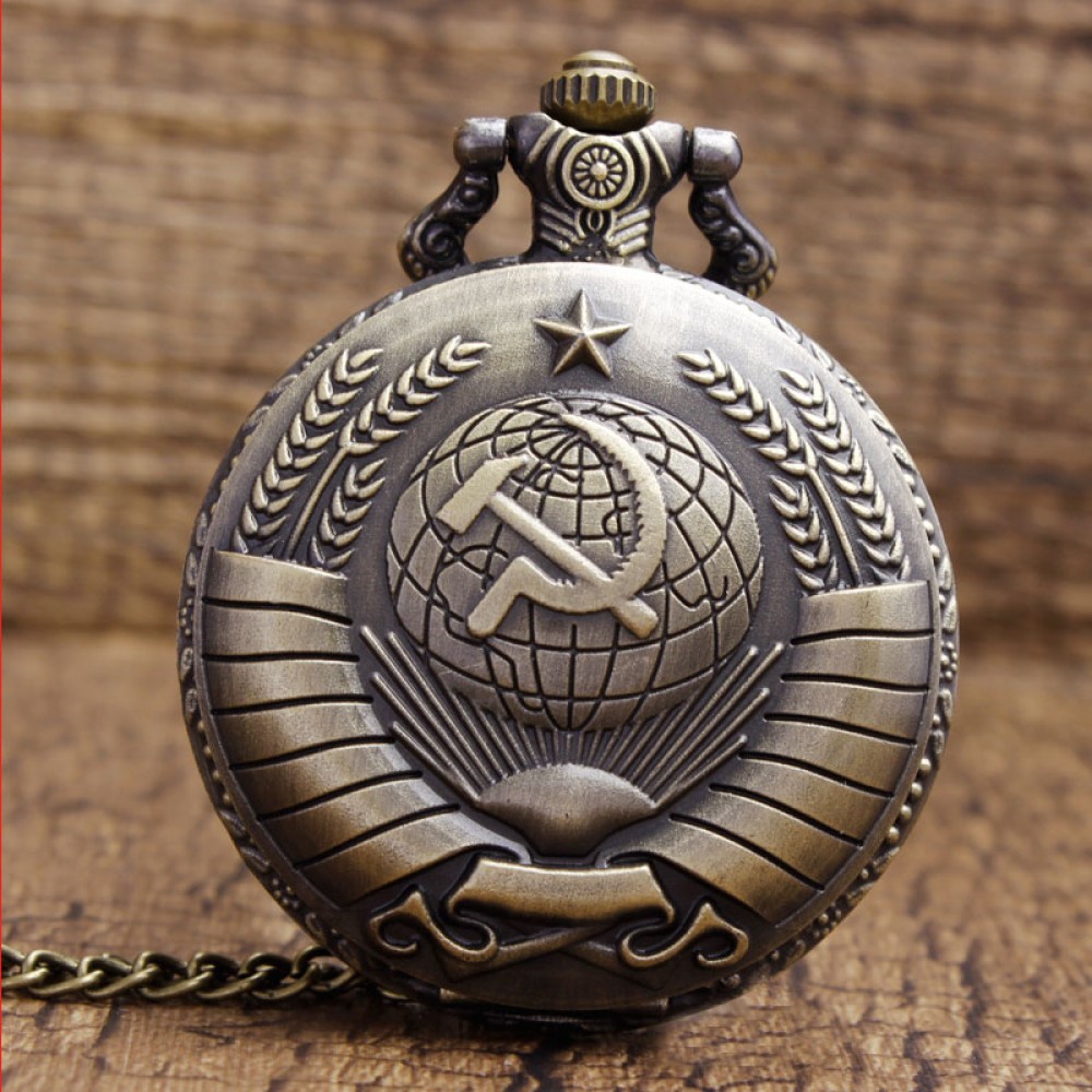 Vintage USSR Soviet Badges Sickle Hammer Pocket Watch Necklace Bronze Pendant Chain Clock CCCP Russia Emblem Communism Men Women