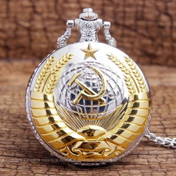 Vintage USSR Soviet Badges Sickle Hammer Pocket Watch Necklace Bronze Pendant Chain Clock CCCP Russia Emblem Communism Men Women