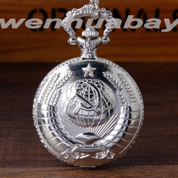 Vintage USSR Soviet Badges Sickle Hammer Pocket Watch Necklace Bronze Pendant Chain Clock CCCP Russia Emblem Communism Men Women