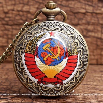 Vintage USSR Soviet Badges Sickle Hammer Pocket Watch Necklace Bronze Pendant Chain Clock CCCP Russia Emblem Communism Men Women