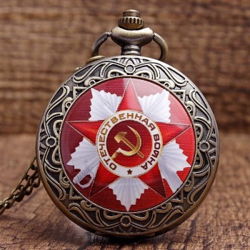 Vintage USSR Soviet Badges Sickle Hammer Pocket Watch Necklace Bronze Pendant Chain Clock CCCP Russia Emblem Communism Men Women