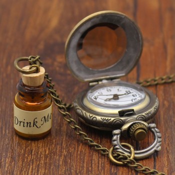 Vintage Quartz Pocket Watch  Alice In Wonderland Bottle Necklace Pendant Gift Mini Retro Dark Brown Glass for Women Girl