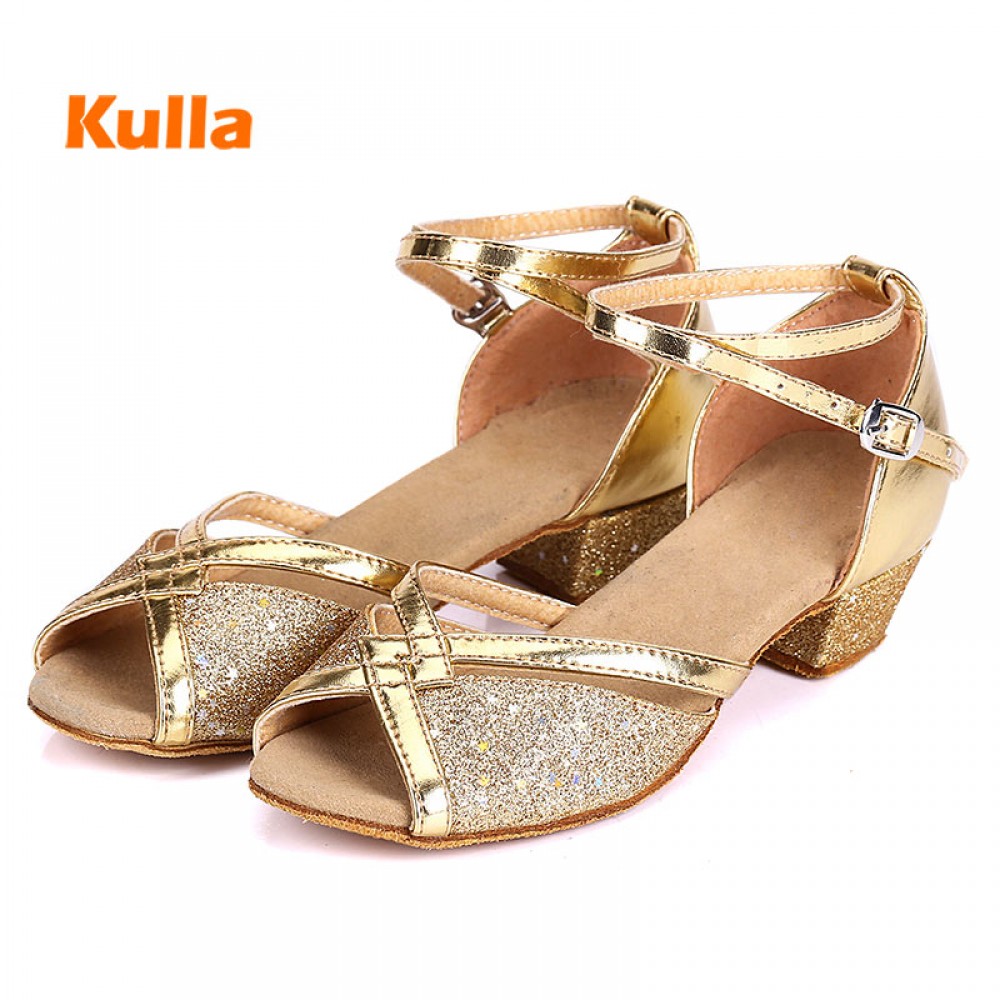Kids Latin Dance Shoes Women Ballroom Tango Latin Salsa Dancing Shoes Childrens Girls Silver Gold Sequin Low Heels Dance Shoes