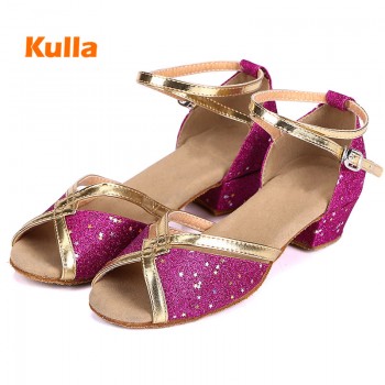 Kids Latin Dance Shoes Women Ballroom Tango Latin Salsa Dancing Shoes Childrens Girls Silver Gold Sequin Low Heels Dance Shoes