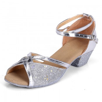 Kids Latin Dance Shoes Women Ballroom Tango Latin Salsa Dancing Shoes Childrens Girls Silver Gold Sequin Low Heels Dance Shoes