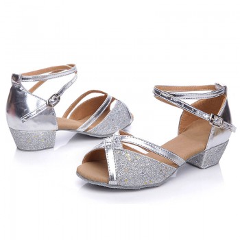 Kids Latin Dance Shoes Women Ballroom Tango Latin Salsa Dancing Shoes Childrens Girls Silver Gold Sequin Low Heels Dance Shoes