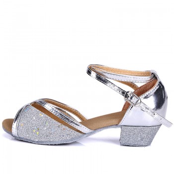 Kids Latin Dance Shoes Women Ballroom Tango Latin Salsa Dancing Shoes Childrens Girls Silver Gold Sequin Low Heels Dance Shoes
