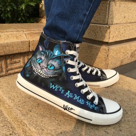 Wen Hot Sale Hand Painted Shoes Design Custom Cheshire Cat Dark Blue High Top Men Womens Canvas Sneakers Christmas Gifts