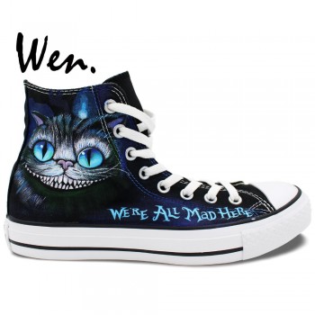 Wen Hot Sale Hand Painted Shoes Design Custom Cheshire Cat Dark Blue High Top Men Womens Canvas Sneakers Christmas Gifts