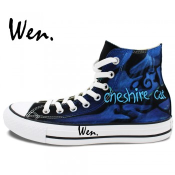Wen Hot Sale Hand Painted Shoes Design Custom Cheshire Cat Dark Blue High Top Men Womens Canvas Sneakers Christmas Gifts