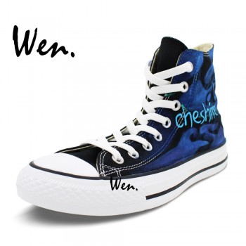 Wen Hot Sale Hand Painted Shoes Design Custom Cheshire Cat Dark Blue High Top Men Womens Canvas Sneakers Christmas Gifts