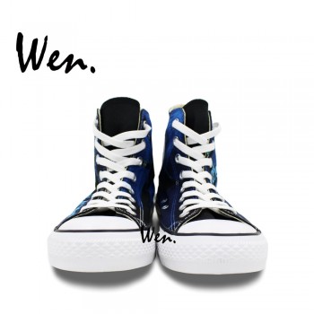 Wen Hot Sale Hand Painted Shoes Design Custom Cheshire Cat Dark Blue High Top Men Womens Canvas Sneakers Christmas Gifts