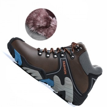 Genuine Leather Warm Winter Hiking Shoes Men High Top Plush Fur Outdoor Sport Camping Hiking Shoes Non Slip Hiking Sneakers Men