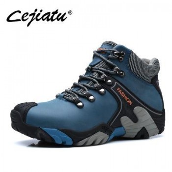 Genuine Leather Warm Winter Hiking Shoes Men High Top Plush Fur Outdoor Sport Camping Hiking Shoes Non Slip Hiking Sneakers Men