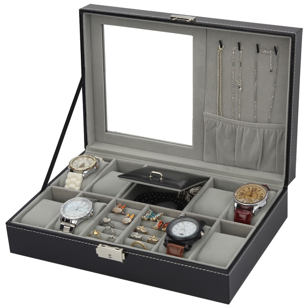 2 In One 8 Grids+3 Mixed Grids PU Leather Watch Boxes Storage Organizer Box Luxury Jewelry Ring Display Watch Case Black