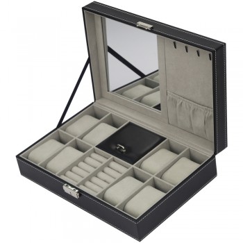 2 In One 8 Grids+3 Mixed Grids PU Leather Watch Boxes Storage Organizer Box Luxury Jewelry Ring Display Watch Case Black