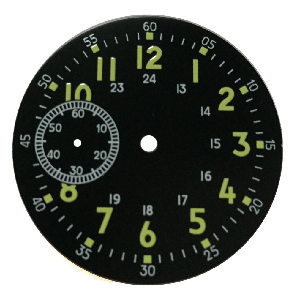 38.9mm Sterile Black dial Luminous Green numbers fit hand winding 6497 ST36 Watch movement second sub-dial at 9 oclock