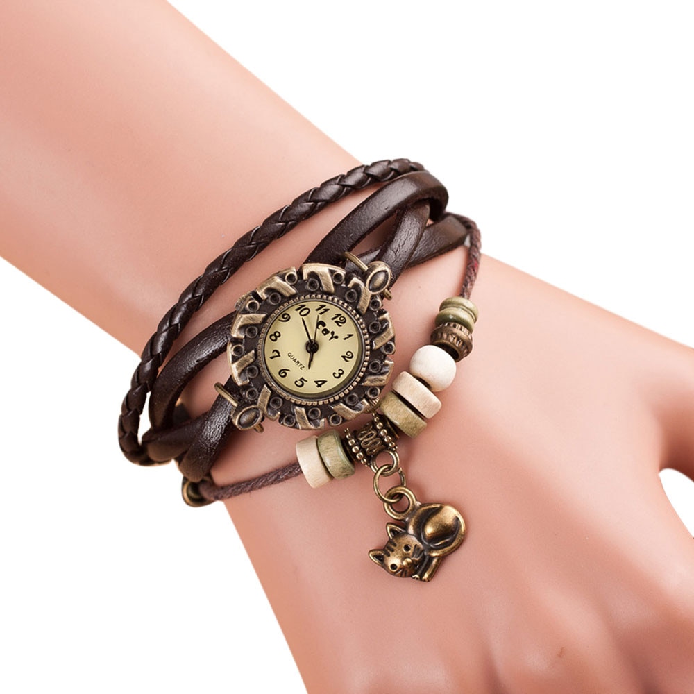 Quartz Weave Around Leather Cat Bracelet Lady Woman Wrist Watch Special Pattern leather wrist watches clock bracelet Watch
