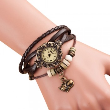 Quartz Weave Around Leather Cat Bracelet Lady Woman Wrist Watch Special Pattern leather wrist watches clock bracelet Watch