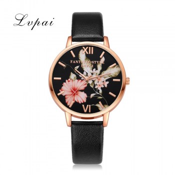 Lvpai Brand Women Bracelet Watch Fashion Rose Gold Flowers Leather Simple Women Dress Watches Luxury Business Gift Clock Watch