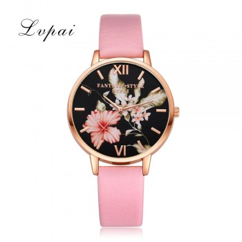 Lvpai Brand Women Bracelet Watch Fashion Rose Gold Flowers Leather Simple Women Dress Watches Luxury Business Gift Clock Watch
