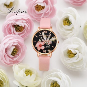 Lvpai Brand Women Bracelet Watch Fashion Rose Gold Flowers Leather Simple Women Dress Watches Luxury Business Gift Clock Watch