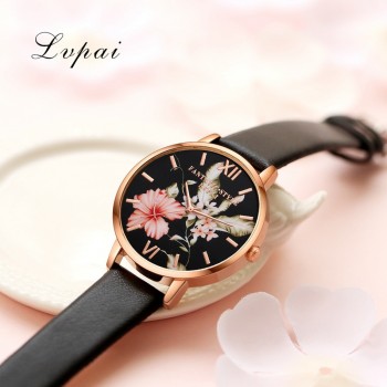 Lvpai Brand Women Bracelet Watch Fashion Rose Gold Flowers Leather Simple Women Dress Watches Luxury Business Gift Clock Watch