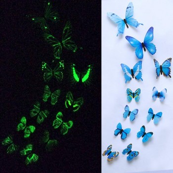 12pcs Luminous glow in dark Butterfly Design Decal Magnetic magnet sticking 3D double feather butterfly fridge stickes       802