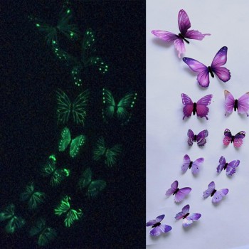 12pcs Luminous glow in dark Butterfly Design Decal Magnetic magnet sticking 3D double feather butterfly fridge stickes       802