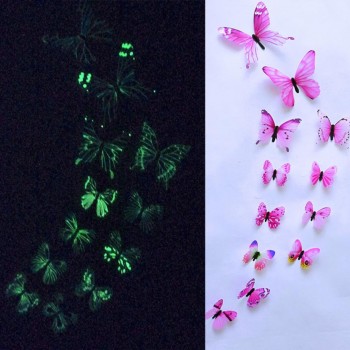 12pcs Luminous glow in dark Butterfly Design Decal Magnetic magnet sticking 3D double feather butterfly fridge stickes       802
