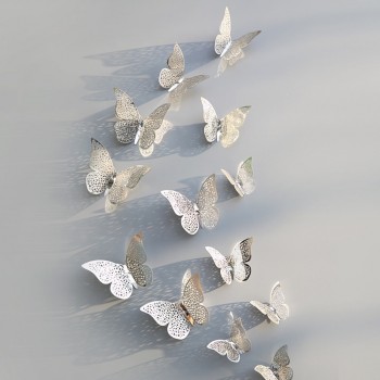12 Pcs/Set 3D Wall Stickers Butterfly Hollow Paper 3Sizes Silver Gold For Fridge Stickers Home Party  Wedding Decor F507