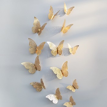 12 Pcs/Set 3D Wall Stickers Butterfly Hollow Paper 3Sizes Silver Gold For Fridge Stickers Home Party  Wedding Decor F507