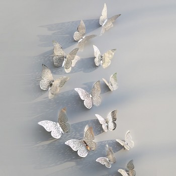 12 Pcs/Set 3D Wall Stickers Butterfly Hollow Paper 3Sizes Silver Gold For Fridge Stickers Home Party  Wedding Decor F507