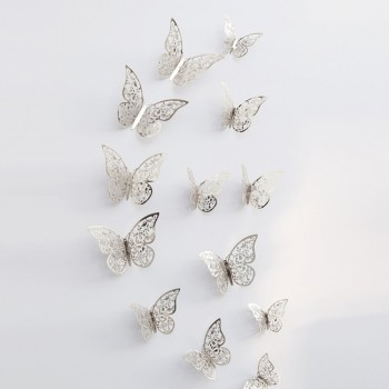 12 Pcs/Set 3D Wall Stickers Butterfly Hollow Paper 3Sizes Silver Gold For Fridge Stickers Home Party  Wedding Decor F507