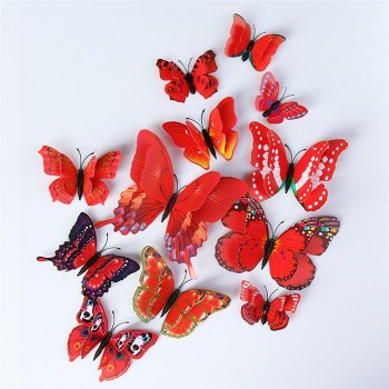 12pcs/set Double Layer Wing 3D Artificial Butterfly Magnet Fridge Decor Wall Stickers with Glue Home Party New Year Decoration
