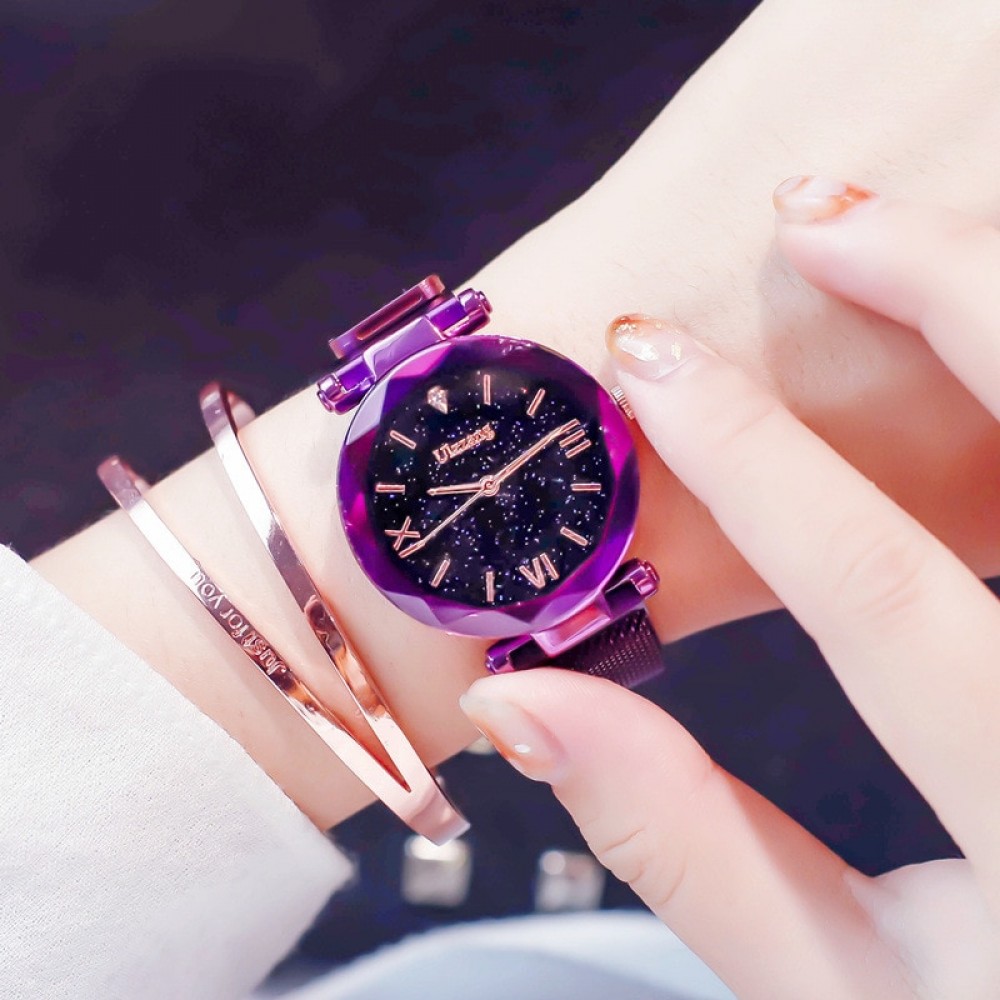 Ulzzang Luxury Crystal Star Sky Women Watches Purple Lady Steel Strap Magnetic Buckle Bracelet Watch Roman Numeral Gift Clock