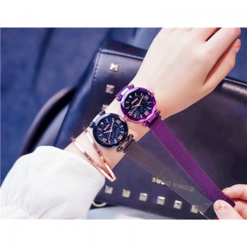 Ulzzang Luxury Crystal Star Sky Women Watches Purple Lady Steel Strap Magnetic Buckle Bracelet Watch Roman Numeral Gift Clock
