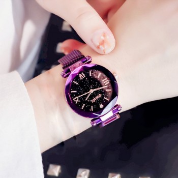 Ulzzang Luxury Crystal Star Sky Women Watches Purple Lady Steel Strap Magnetic Buckle Bracelet Watch Roman Numeral Gift Clock