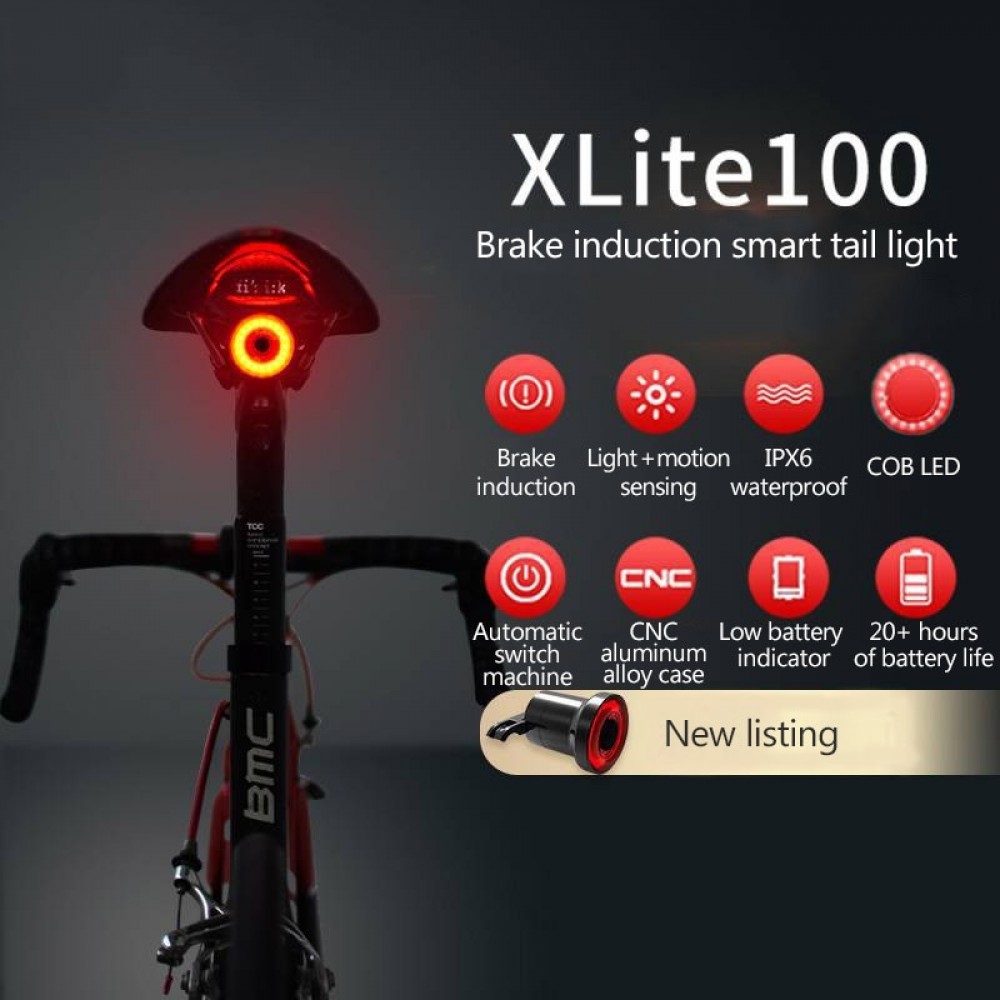XLITE100 Smart Cycle Rear Lamp W/ Braking Light Auto/Manual Control Up to 50Hrs Burning Time Alloy Housing USB Charge