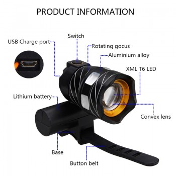 15000LM T6 LED USB Line Rear Light Adjustable Bicycle Light 3000mAh Rechargeable Battery Zoomable Front Bike Headlight Lamp